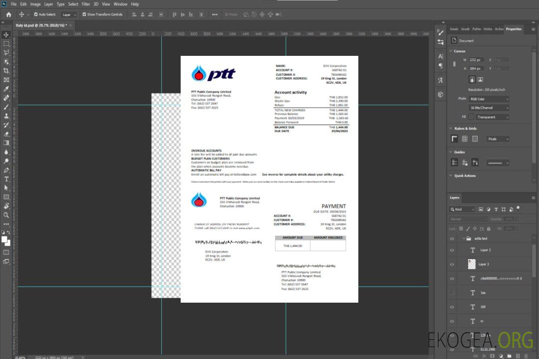 Facture commerciale du service public de gaz PTT SCR template
